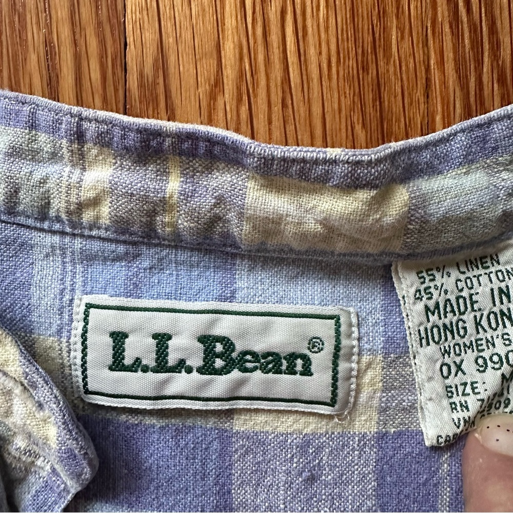L.L.Bean Women’s M Light Blue Lavender Yellow Plaid Linen Shirt Mandarin Collar - Picture 6 of 11